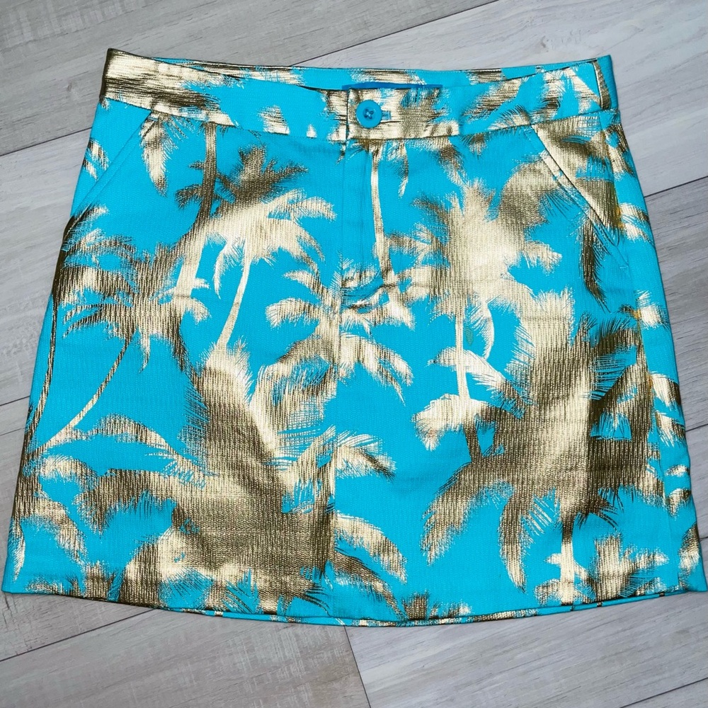 Tori Richard Turquoise Mini Skirt with Metallic Gold Palm Print